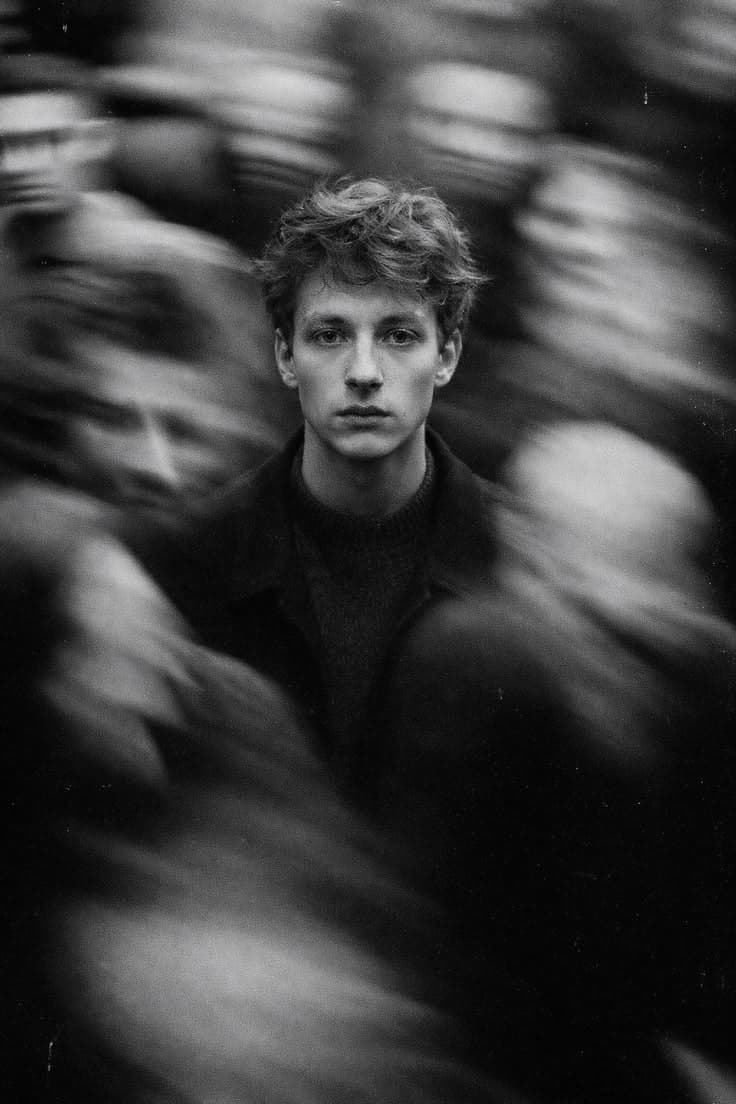 A calm portrait surrounded by motion blur